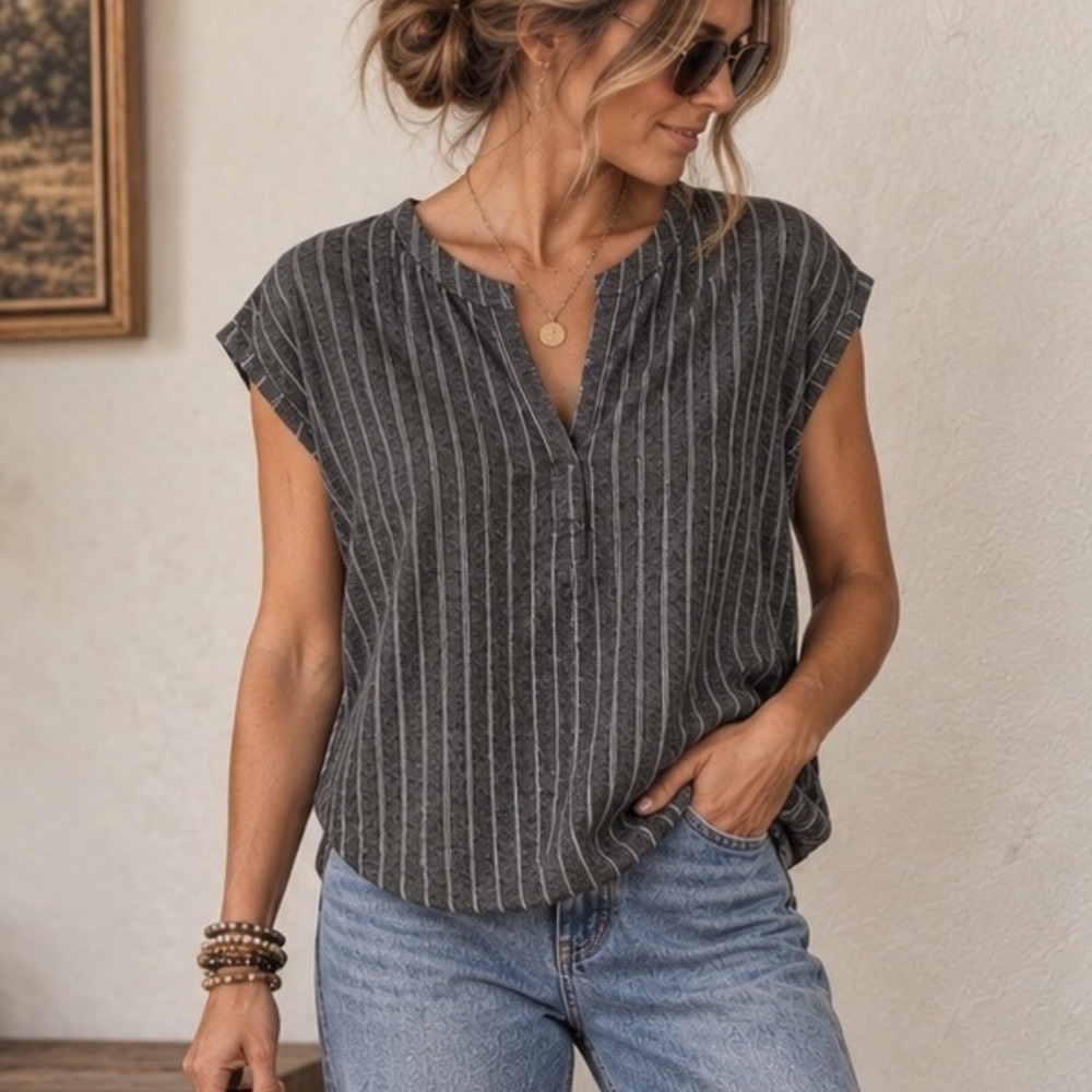 Prairie Underground Hemp Organic Cotton Tunic Top L Gray Pinstripe Artsy